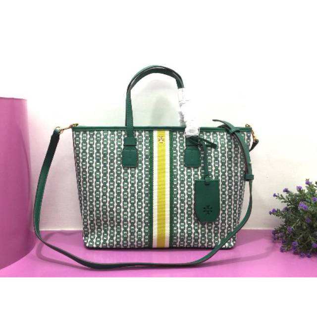 Tory Burch Gemini Link Canvas Small Tote totebag tas original authentic asli coated dark green hijau