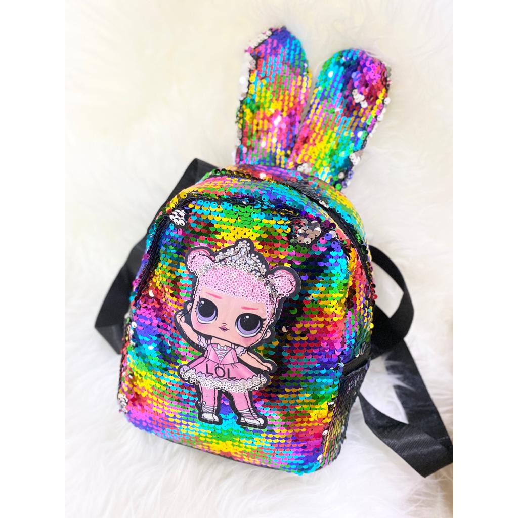 TAS ANAK PEREMPUAN TAS SEKOLAH LOL GLITTER SEQUIN 2 LED LAMPU BESAR