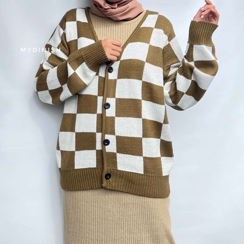 Cornela Cardigan Rajut Motif Catur Kotak - Kardigan Korea Jeno NCt Dream