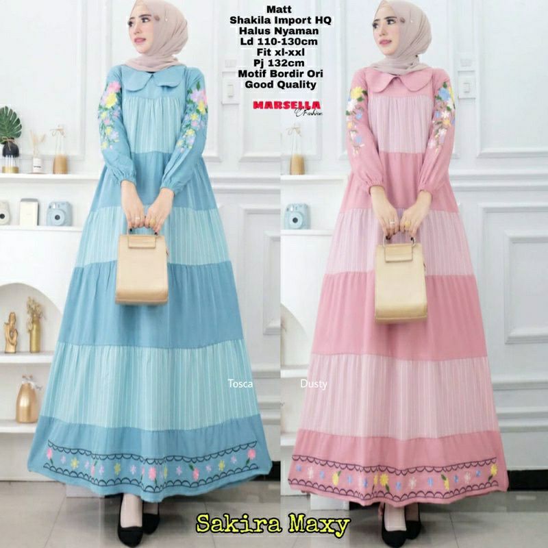 Sakira Maxy, GAMIS MUSLIM CANTIK FIT XXL LD 126 BAHAN SHAKILA IMPORT MIX BORDIR TERMURAH OOTD