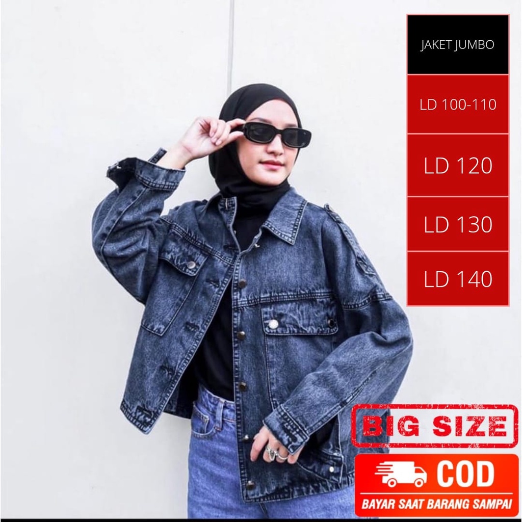 Jaket Jeans Oversize LD 110 - 150 // Jaket Jumbo Saku Wanita Sandwash Denim Premium