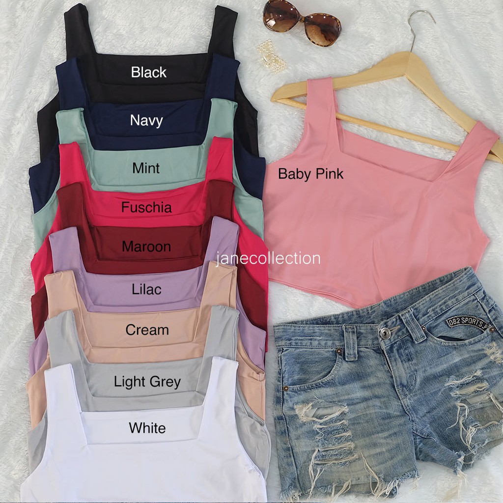 JANE COLLECTION || TankTop Korea Bahu Lebar Wanita Polos Crop Top Tengtop Square Neck Kamisol Tali Lebar Tank Top Adelia [ Hitam Putih Lilac Hijau Mint Baby Pink Light Grey Krem Cream Maroon Fuschia Navy ]