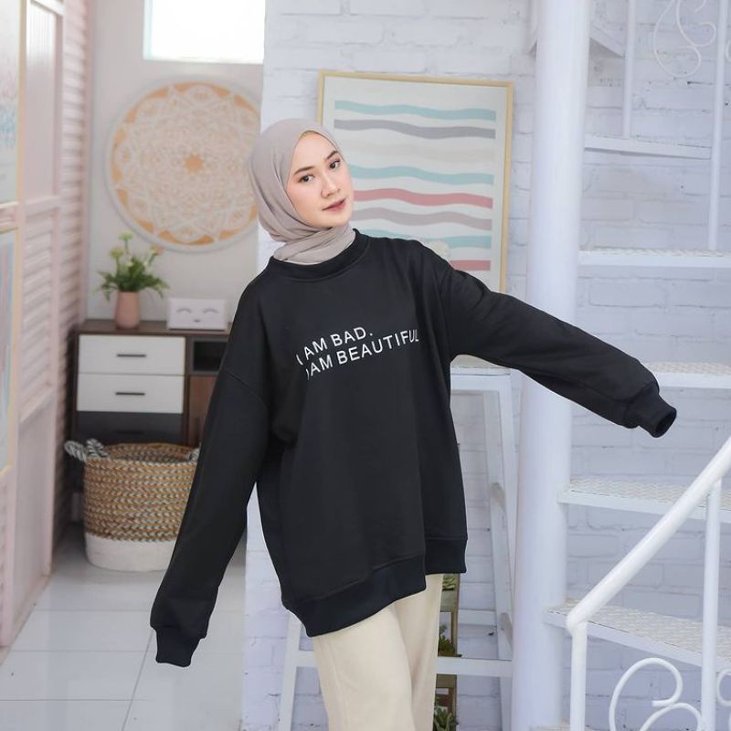 sweater wanita I Am BAD XXL Sweater oversize terbaru keren elegan trend 2021/sweater wanita bahan fleece soft