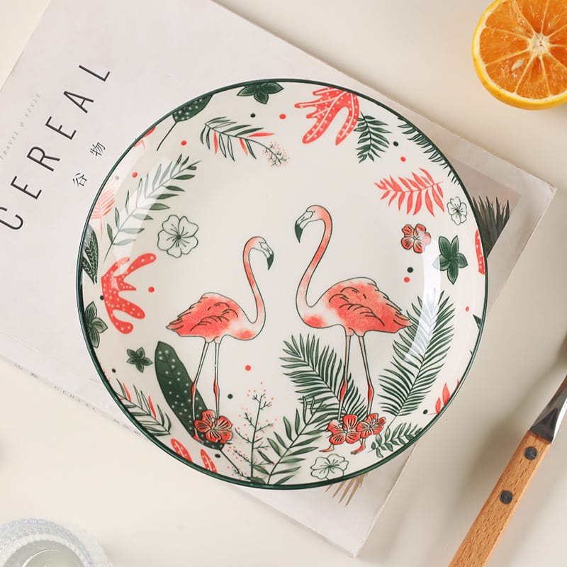 Piring Keramik Korea Motif Nanas/Strawberry/Pohon/Bunga Rose Pink Variasi 20cm-FLAMINGGO 20CM