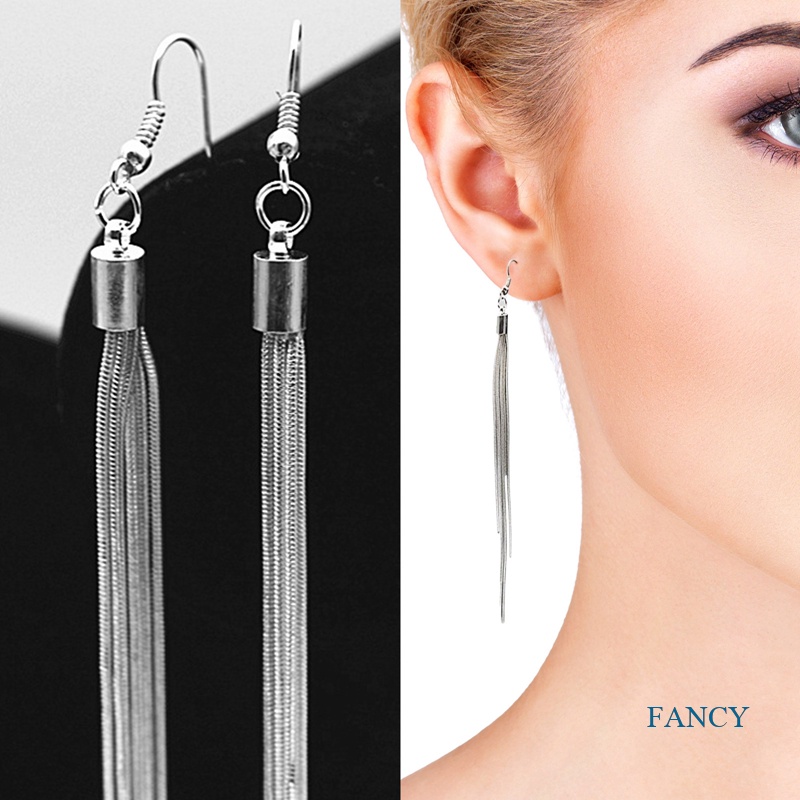 Anting Gantung Panjang Lapis Silver Model Rantai Rumbai Untuk Wanita