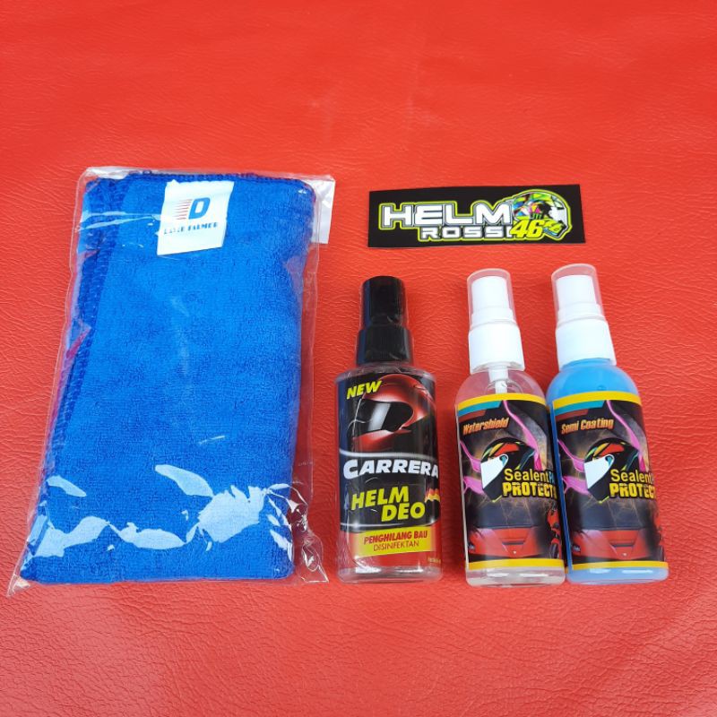 Pembersih Helm dengan Efek Daun Talas - Paket Semi Coating Water Shield Parfum Kain Microfiber