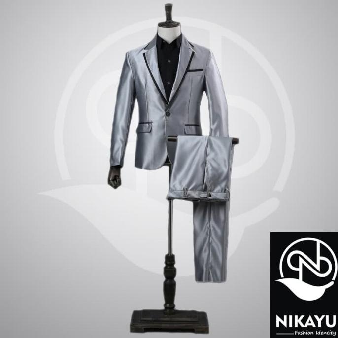 setelan Blazer jas Pria wedding / pernikahan silver mengkilap