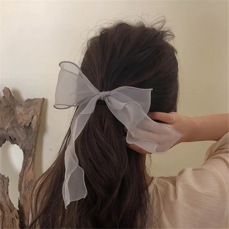 AC056 Ikat Rambut Satin Model Pita Ribbon Korea Karet Rambut Bening Panjang