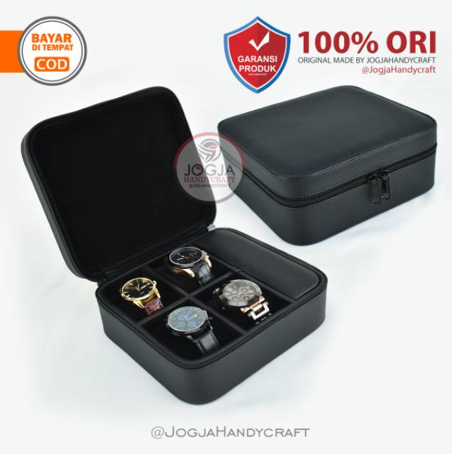 Full Black - Travel Watch Box Kotak Tempat Jam Tangan Sport 4 slot + 1 Slot Multifungsi