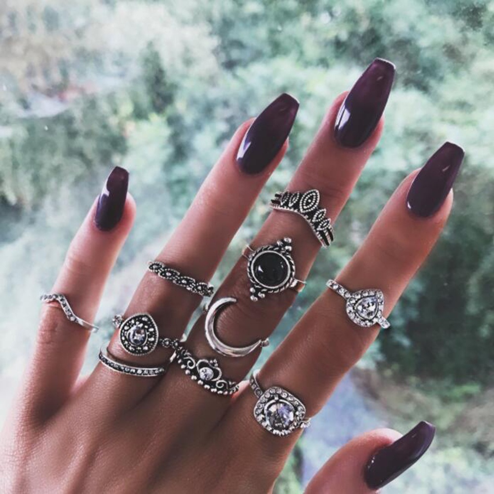 Hu Hu Hu Hu Hu Alat Bantu Pasang Kacamata♡ 10pcs Cincin Buku Jari Aneka Bentuk Warna Silver Gaya Vintage Untuk Wanita