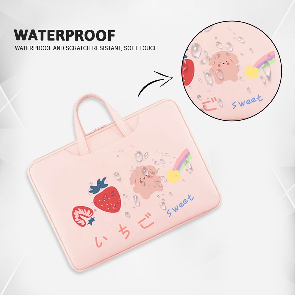 Sleeve Pouch Sarung Tas Bag Case Ipad Tab Tablet Macbook Air Pro Laptop Asus Acer Lenovo HP Huawei 11 12 13 14 15 inch Motif Gambar Rainbow Bear Beruang Warna Pink Lucu Cute Murah Korean Model Jinjing Tali Strap