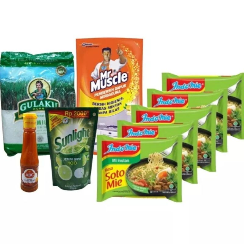 

Paket Sembako Murah Indomie 5 Pcs + Gulaku + Saus + Sunlight + Mr Muscle