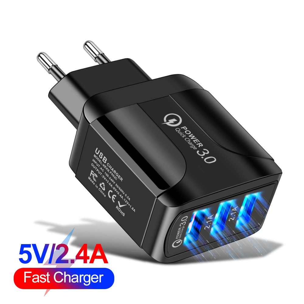 Adapter Charger 3 Port USB QC3.0 Plug EU US UK Untuk Iphone 14 13 12 Android