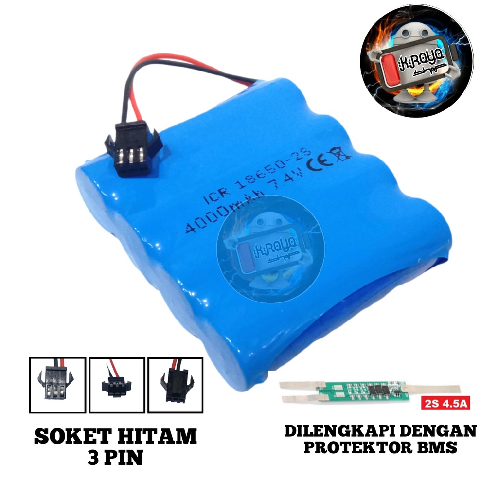 Baterai Speaker/ Mainan RC &amp; Elektronik Lainnya 4x 18650-2S 4000mAh 7.4V Protektor BMS 4.5A SOKET HITAM 3 PIN