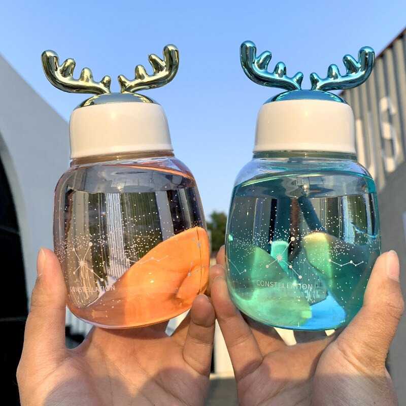 Botol Minum Kaca Korean Fashion 3D Antlers Glass Cup 300ml / Botol Minuman Travel Desain Korea Unik 