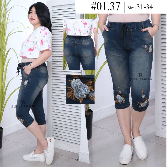  Celana  jeans wanita 7  8  kombinasi bunga size jumbo 31 34 