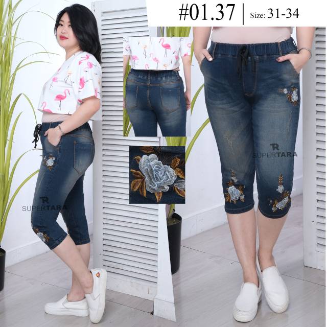 Celana jeans wanita 7 8 kombinasi bunga size jumbo 31 34 Celana jeans wanita 7 8 kombinasi bunga size jumbo 31 34