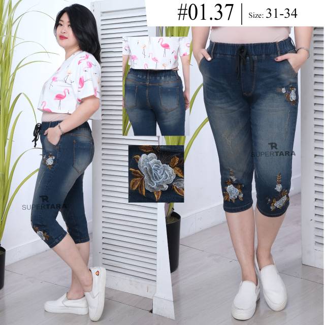  Celana  jeans wanita  7 8  kombinasi bunga size jumbo 31 34 