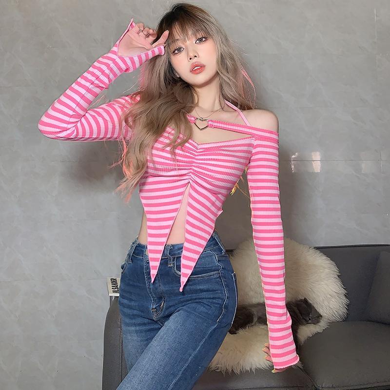 Sweetheart series pink striped halterneck one-shoulder atasan ramping tidak beraturan wanita