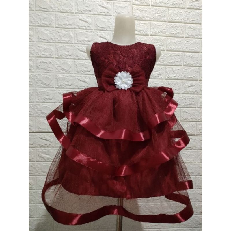 Dress Gaun Pesta Brukat Tile Merah Maroon Anak 4-5 Tahun