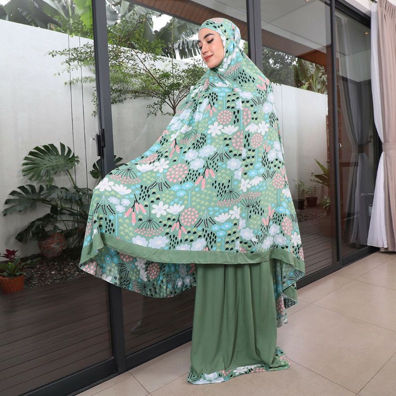 Mukena Tazbiya Raina Dusty Blue Purple Green Jumbo Dewasa Katun Rayon Adem Motif Cantik Treveling