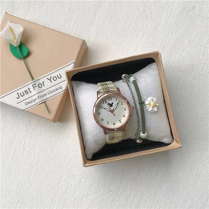 Jam Tangan Analog Wanita Strap Pu Kotak-Kotak Motif Mickey Gaya Korea Fashion Import-41-3 Hijau