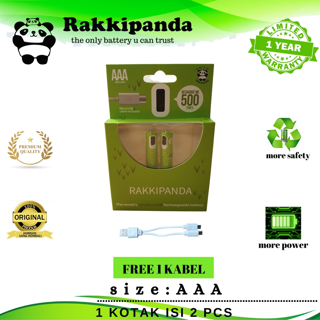 rakkipanda baterai AAA cas ulang isi 2pcs micro usb original