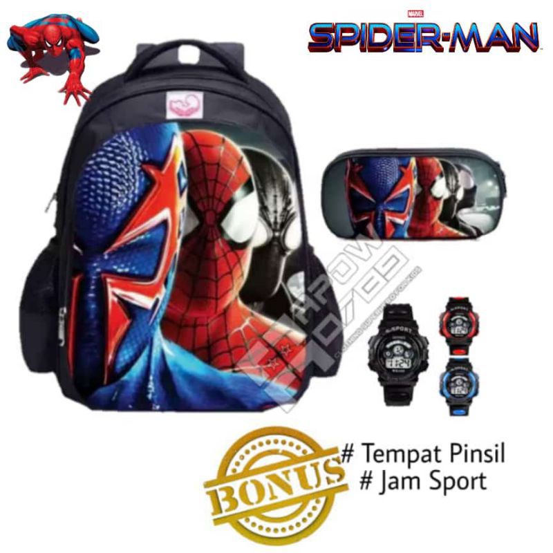 Tas ransel anak laki-laki karakter superhero spiiderman gratis topi tempat pinsil jam tangan - tas anak
