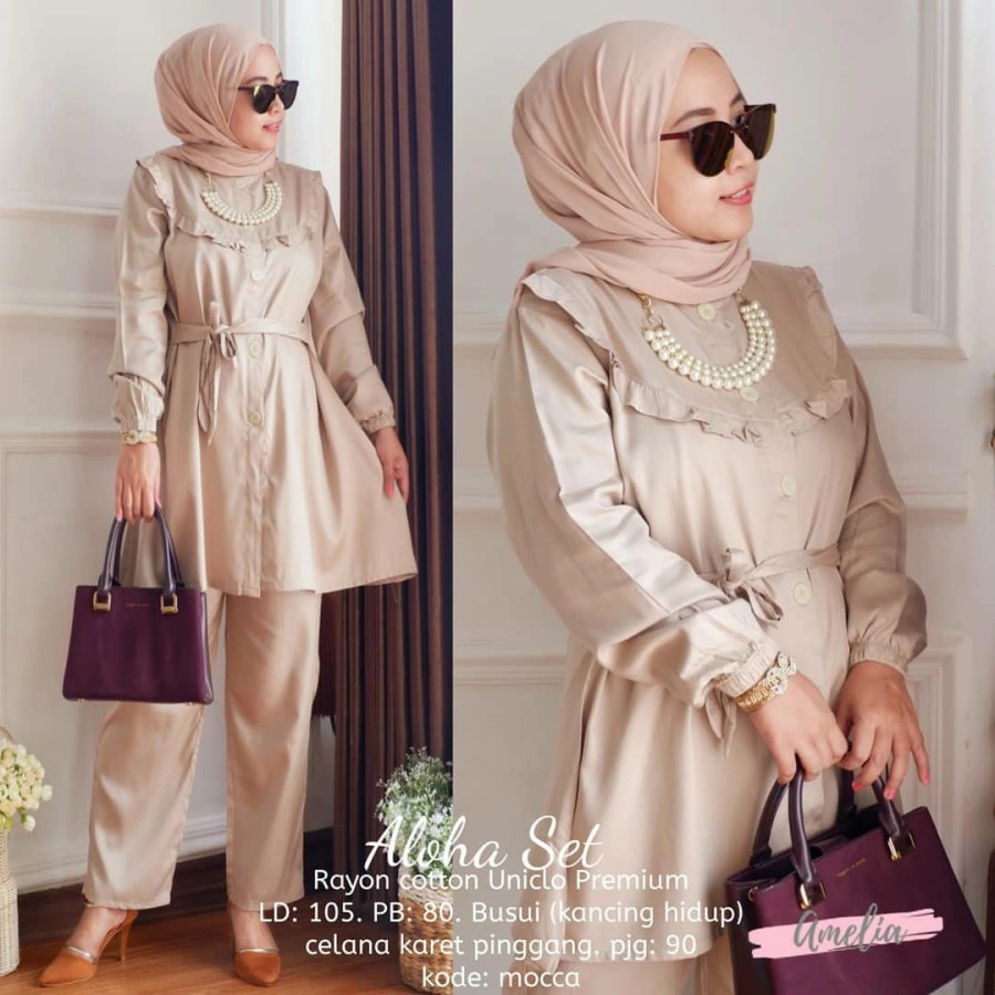 Baju Wanita Setelan Terbaru Aloha Atasan Tunik Set Celana Kulot Murah Tunic Panjang Lebaran Terbaru