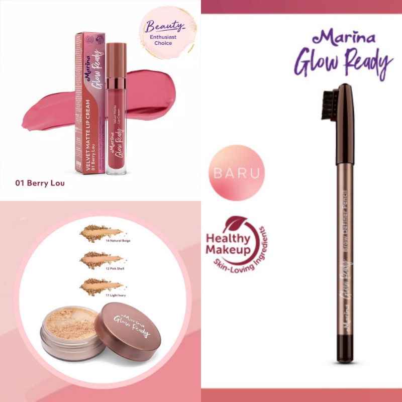 ✨PROMO✨ Marina Glow Ready Paket Hemat [Loose Powder,Eye Brow Pencil,Velvet Matte Lipcream]