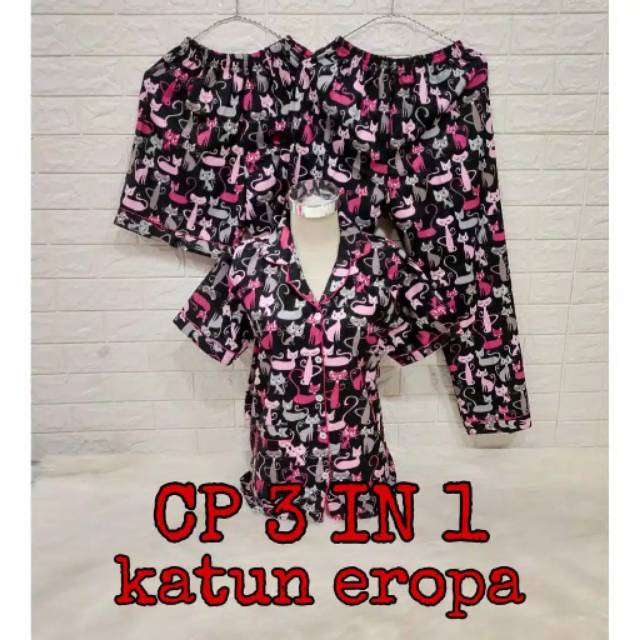 Piyama 3in1/Baju Tidur Wanita Dewasa Motif Black Cat/Kucing Tumpuk