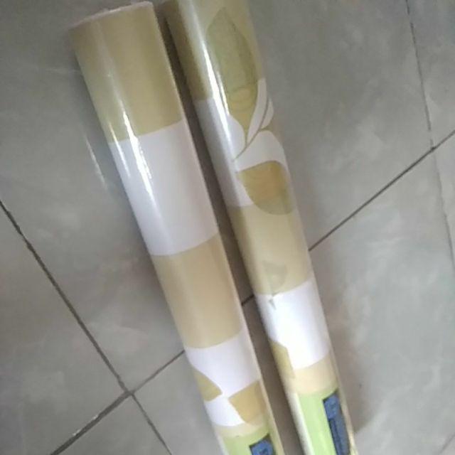Grosir Murah - Wallpaper Sticker Dinding Daun Hijau Bergaris Putih Minimalis Dekorasi Elegan 10m
