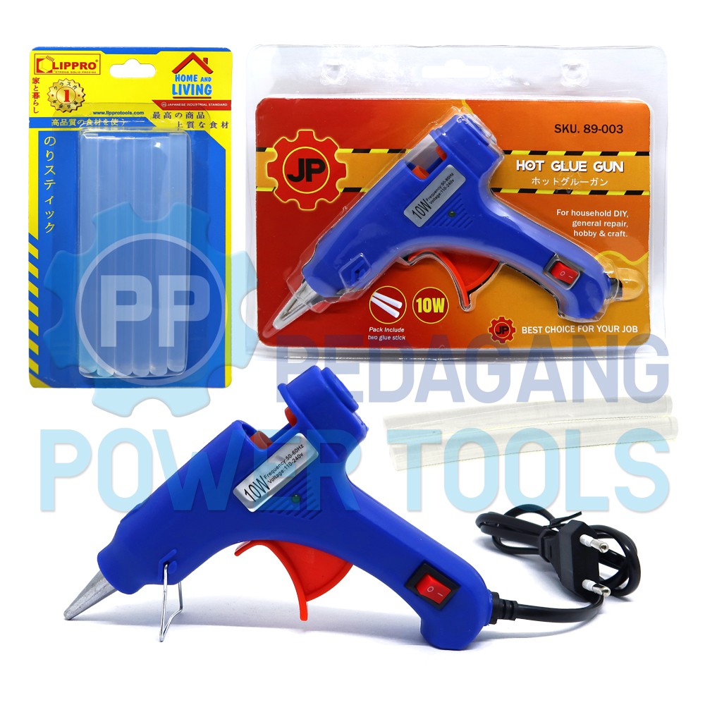 PAKET JP GLUE GUN 10 WATT &amp; LIPPRO REFILL LEM TEMBAK LILIN BAKAR KECIL