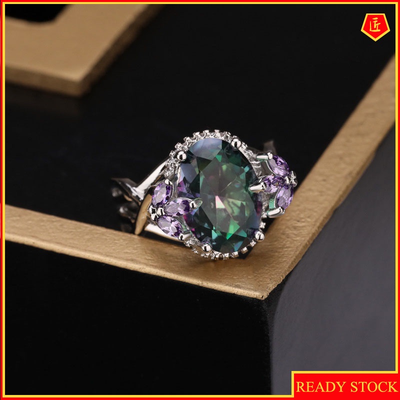 [Ready Stock]Inlaid Colorful Moissanite Ring 925 Silver Fashion Temperament