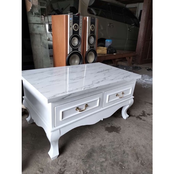 Meja Tamu classic Kaca & Hpl motif marmer
