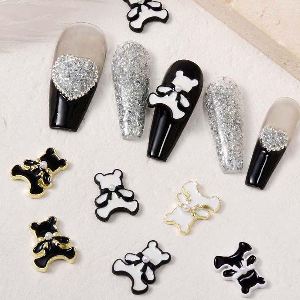 AUGUSTINA Augustina Bears Nail Art Dekorasi Fashion Bor Kuku Hitam Putih Alloy 3D Nail Jewelry