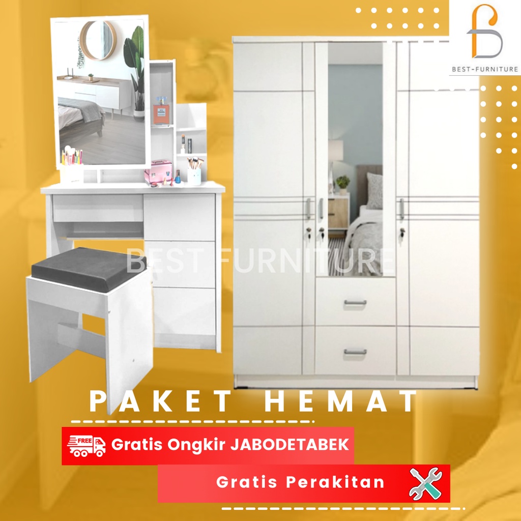 GRATIS ONGKIR + RAKIT Paket Hemat-06 Furniture Ruang Kamar Lemari Pakaian 3Pintu BW008 dan Meja Rias