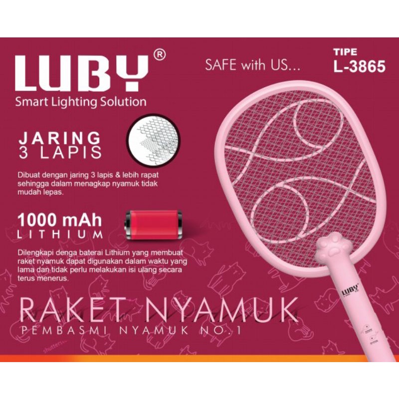 Raket Nyamuk cas Luby 3839 / 3838 / 3826A / 3853 Produk Original Baterei Litium lepasan+ kabel charge-