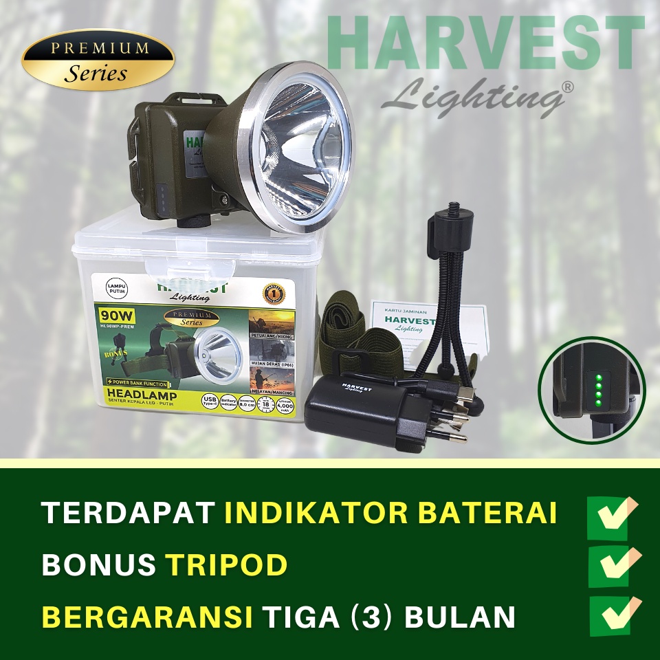 90W Headlamp HARVEST LIGHTING Senter Kepala LED PREMIUM IP66 4000Mah Lampu Emergency Travel Tambang Hunting Berburu Rechargeable Original Bergaransi