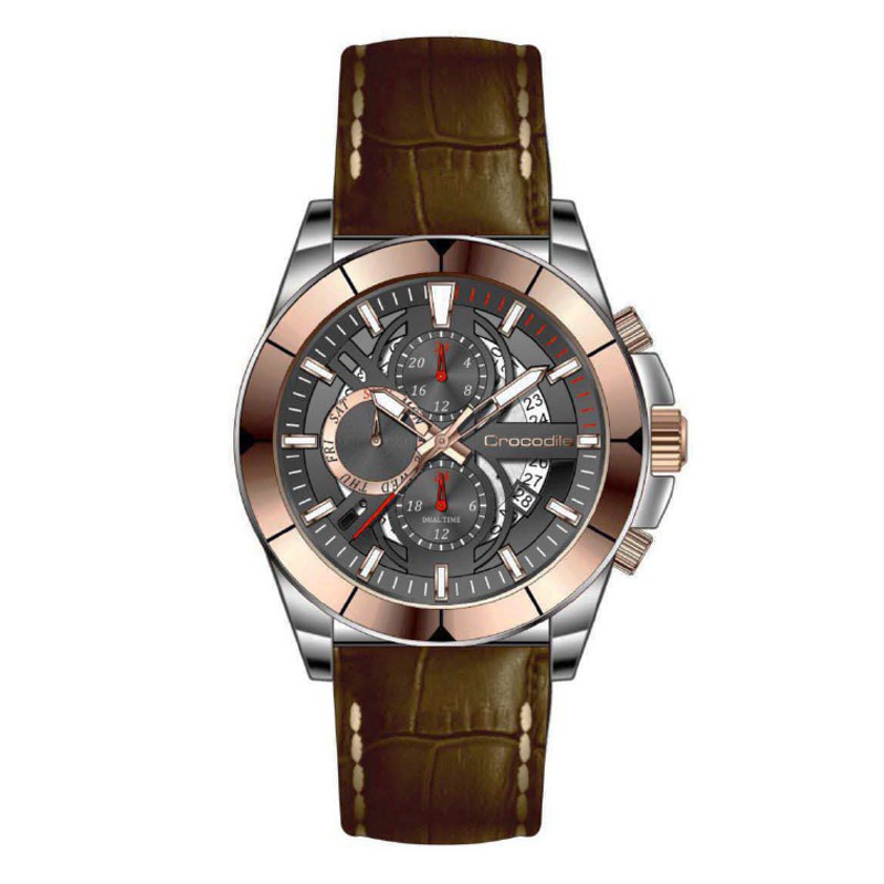 Crocodile CM-020A24E Jam Tangan Pria - Silver ring Rosegold - Kulit Coklat