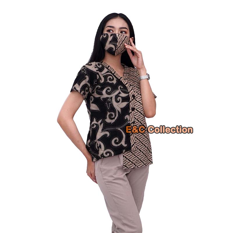 Blouse Batik Wanita Putri Kembar Modern Coklat / Atasan Batik Wanita / S M L XL 2L 3L 4L 5L-4