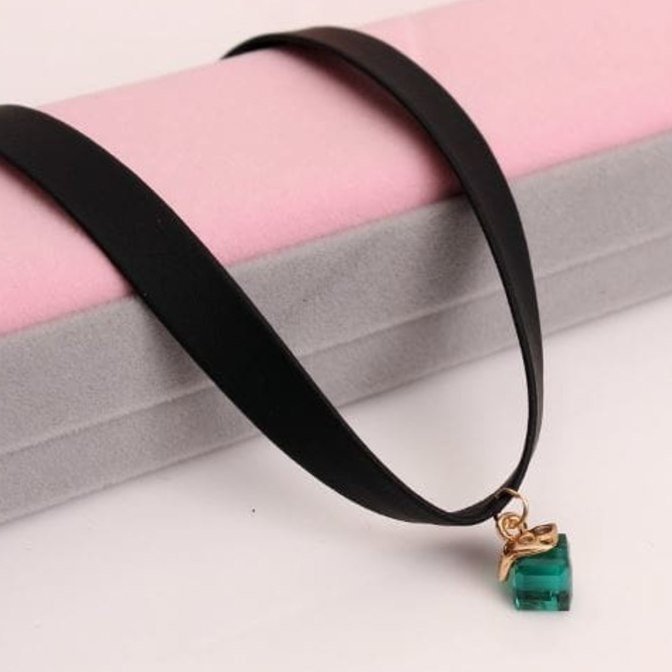 Kalung Choker Leher Fashion Wanita Hitam Double Batu Hijau