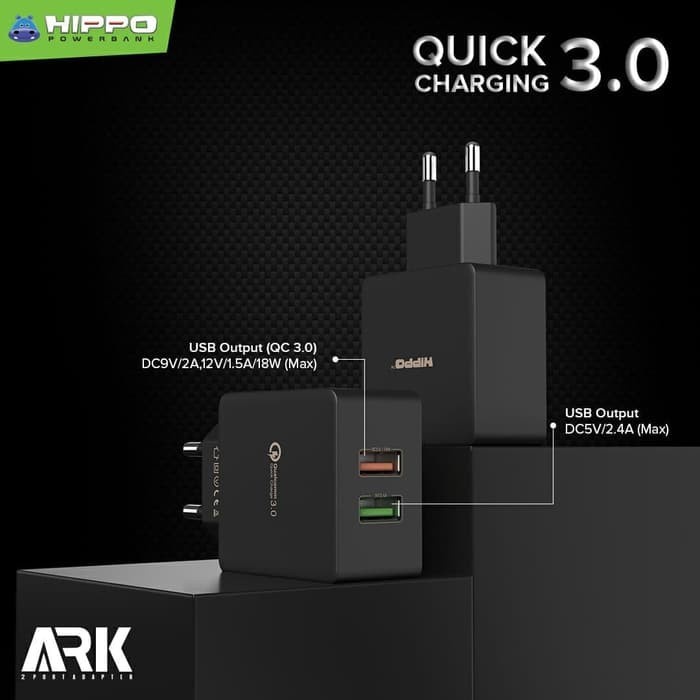 Kepala Adaptor Charger Hippo ARK 2 Lobang USB Port Fast Charging 18W 2.4A Quick Charge Adapter Original Ori