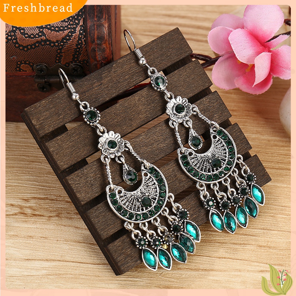 Fresh| Anting Kait Gantung Wanita Desain Bulan Sabitrumbai Panjang Hias Berlian Imitasi Gaya Bohemian Untuk Hadiah