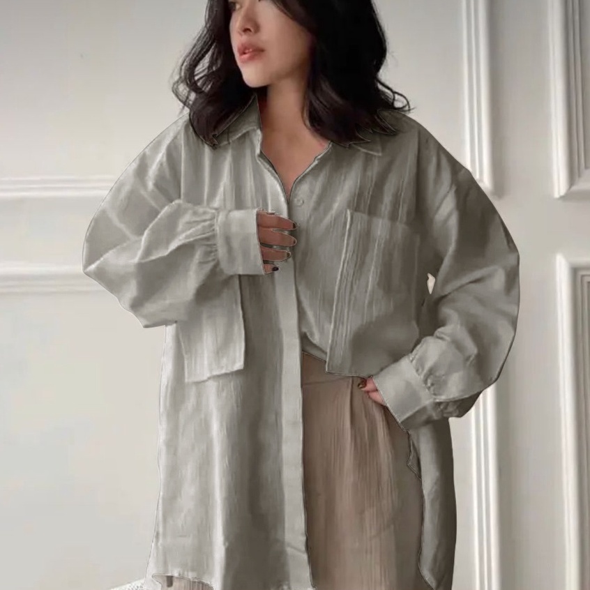 HOPYLOVY - Kemeja Wanita Oversize Crinkle Premium Kemeja Pocket Wanita Ayessa