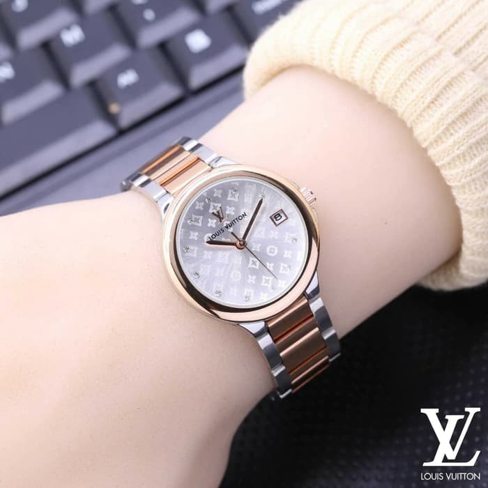 Jam Tangan Wanita Cewek Louis Vuitton LV Logo Rantai Kombi Rose White