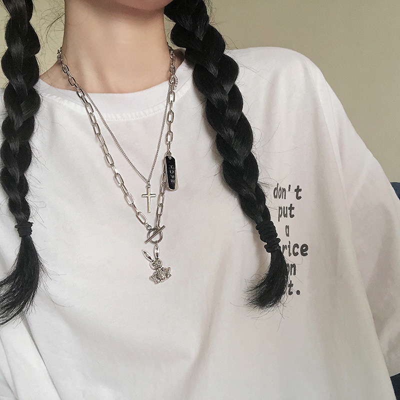 Cross kelinci surat kalung tren hip hop gaya dingin kalung cocok untuk pria dan wanita double layer