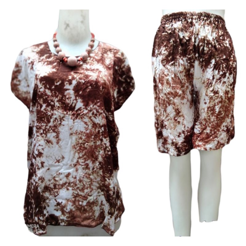 ONE SET TIE DYE SETELAN WANITA CELANA PENDEK RAYON XL BABYDOLL BALI KEKINIAN TIEDYE MOTIF KOPI-Cokelat
