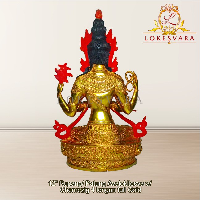 Patung Rupang Arca Logam Avalokitesvara 4 Lengan 12inch Full Gold