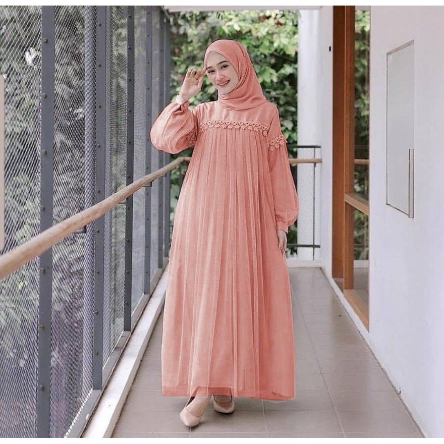 XC - Maxi Nuraini / Couple Nuraini / Maxi ZOYA / Dress Maxi Tile / Gamis Muslim Terbaru-Peach